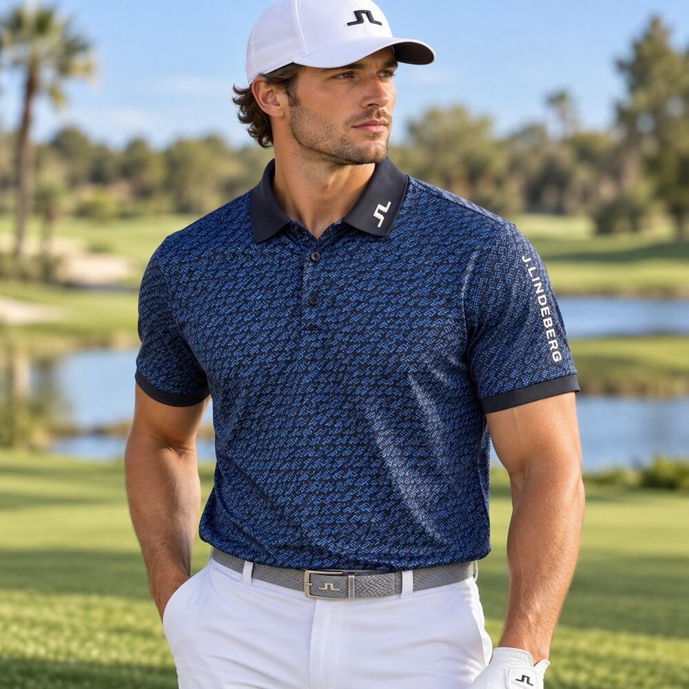 J.Lindeberg Tour Tech Print Golf Polo Men’s M Navy Blue Logo Aop Performance